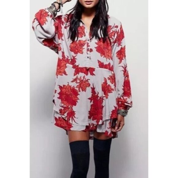 FREE PEOPLE Shake It Printed Sand Long Sleeve Mini Tunic Dress size small - Picture 1 of 9
